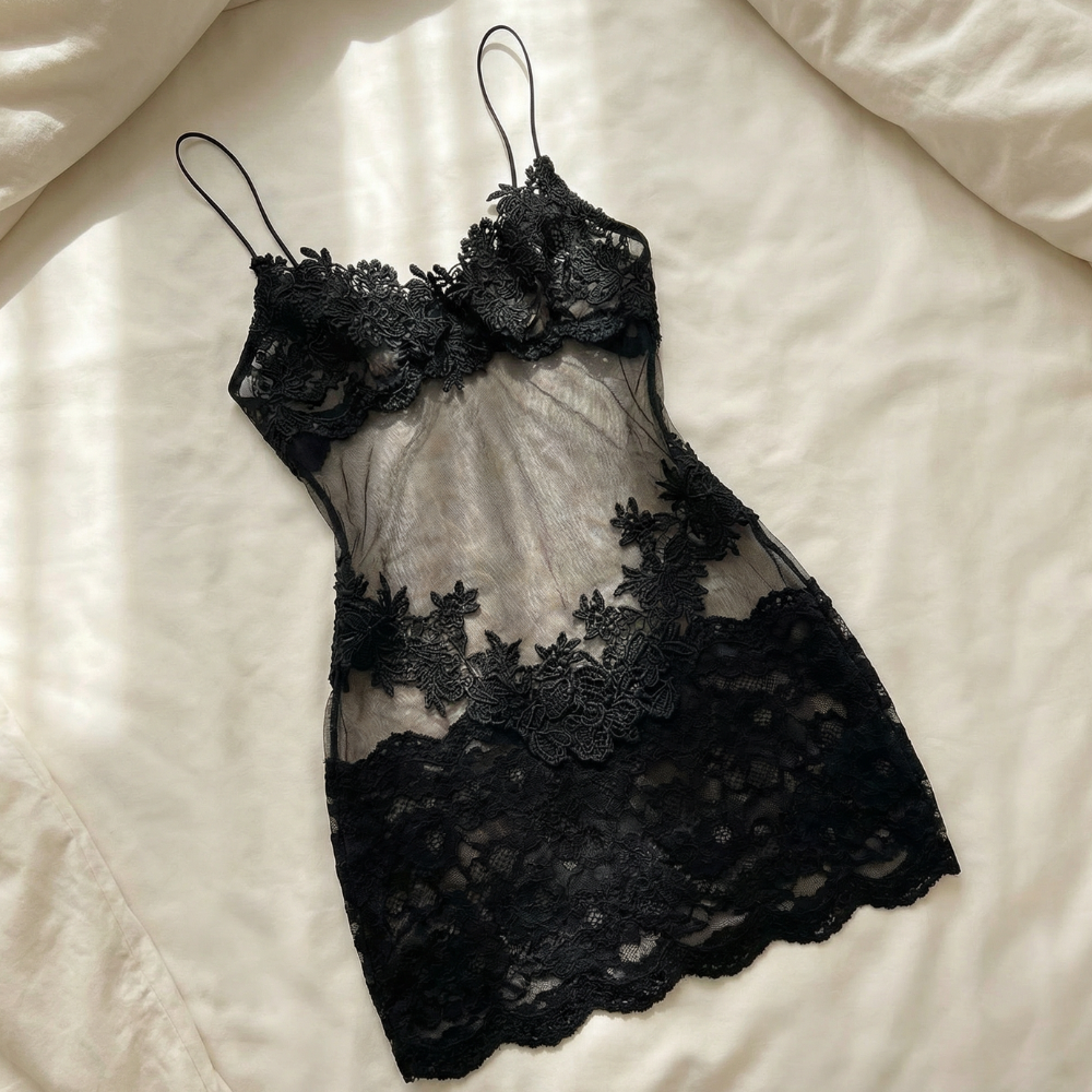 Velaire - Robe nuisette en dentelle brodée transparente