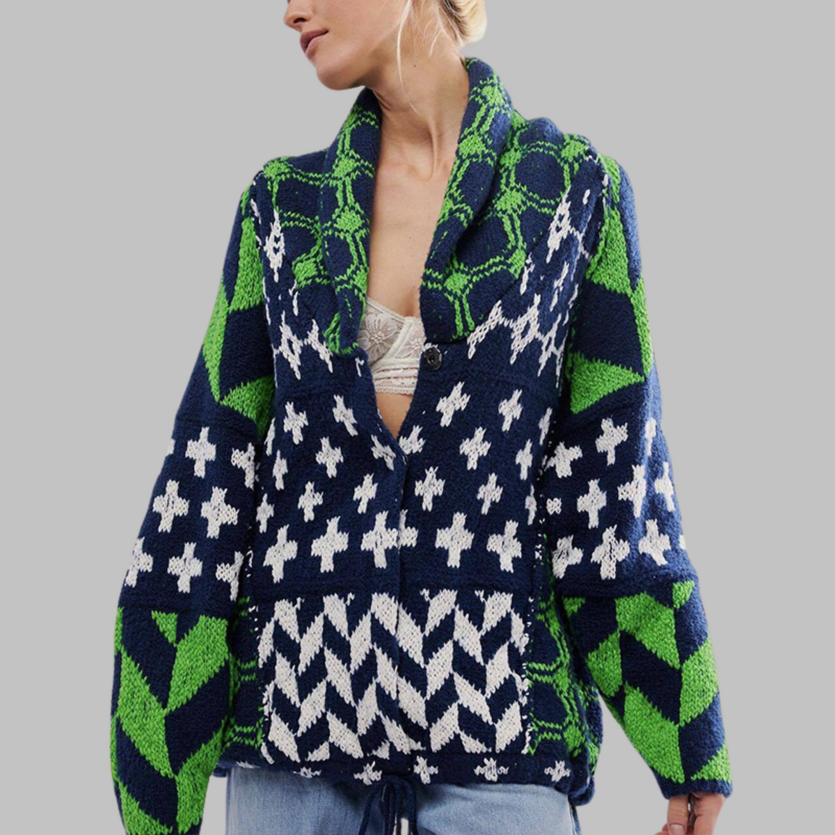 PORTIA - Cardigan surdimensionné à manches longues et col boutonné vintage