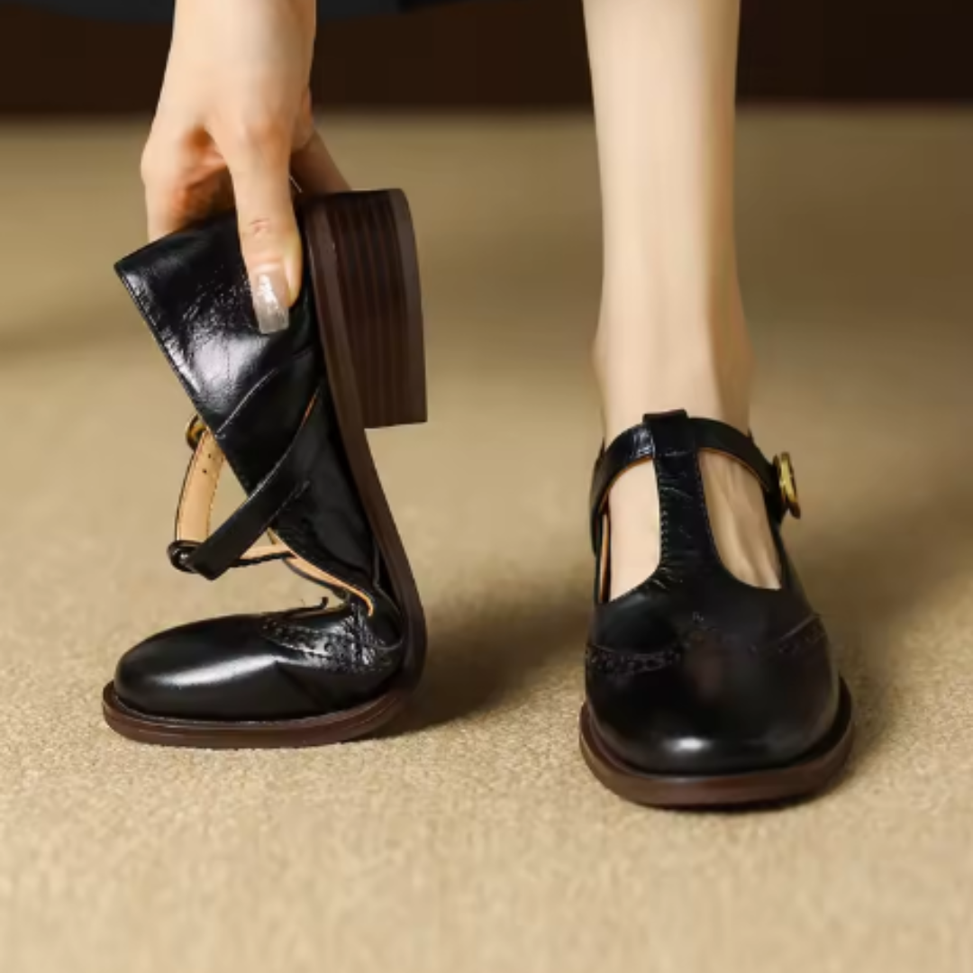 Nadine - Chaussures Mary Jane en cuir à bride en T et talon bloc bas