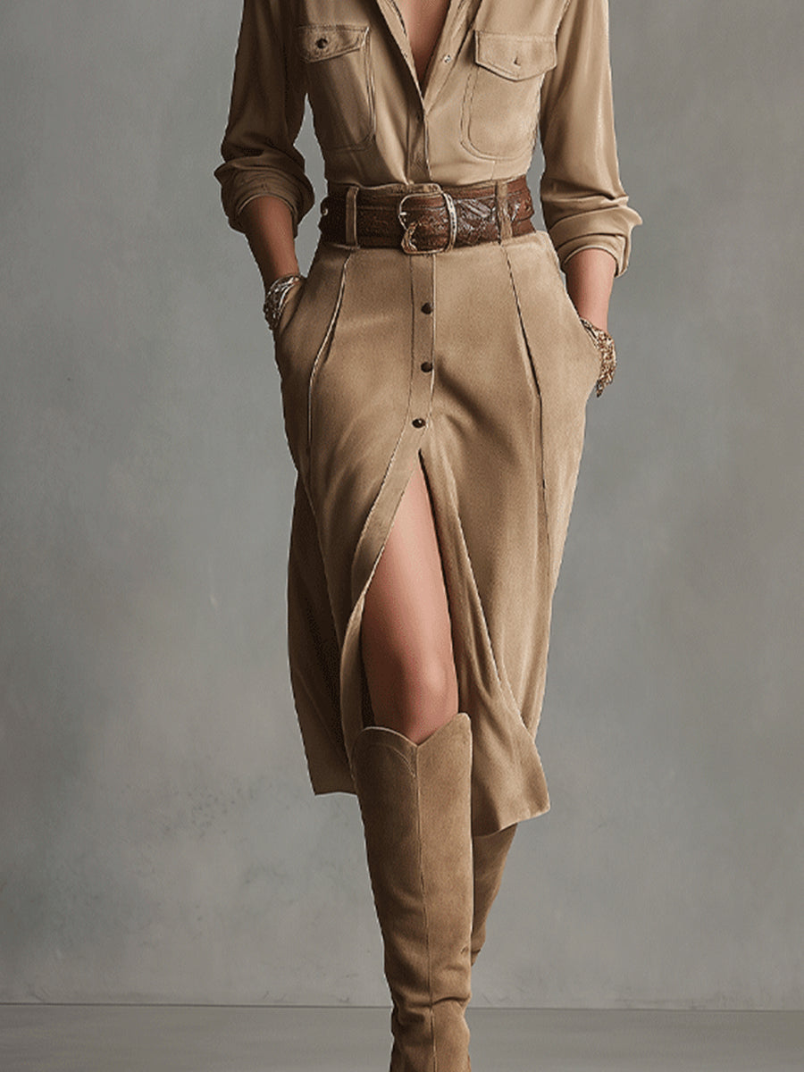 Ivy - Robe midi en daim marron