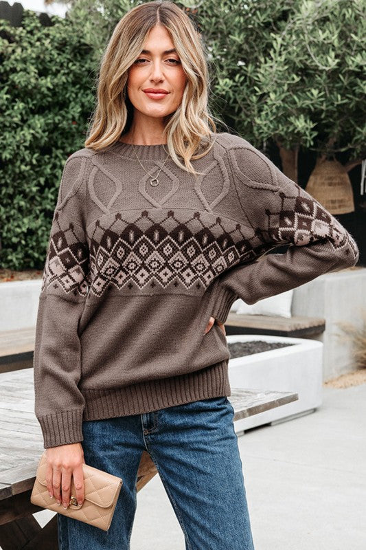 Alana - Pull tricoté à col rond géométrique Western