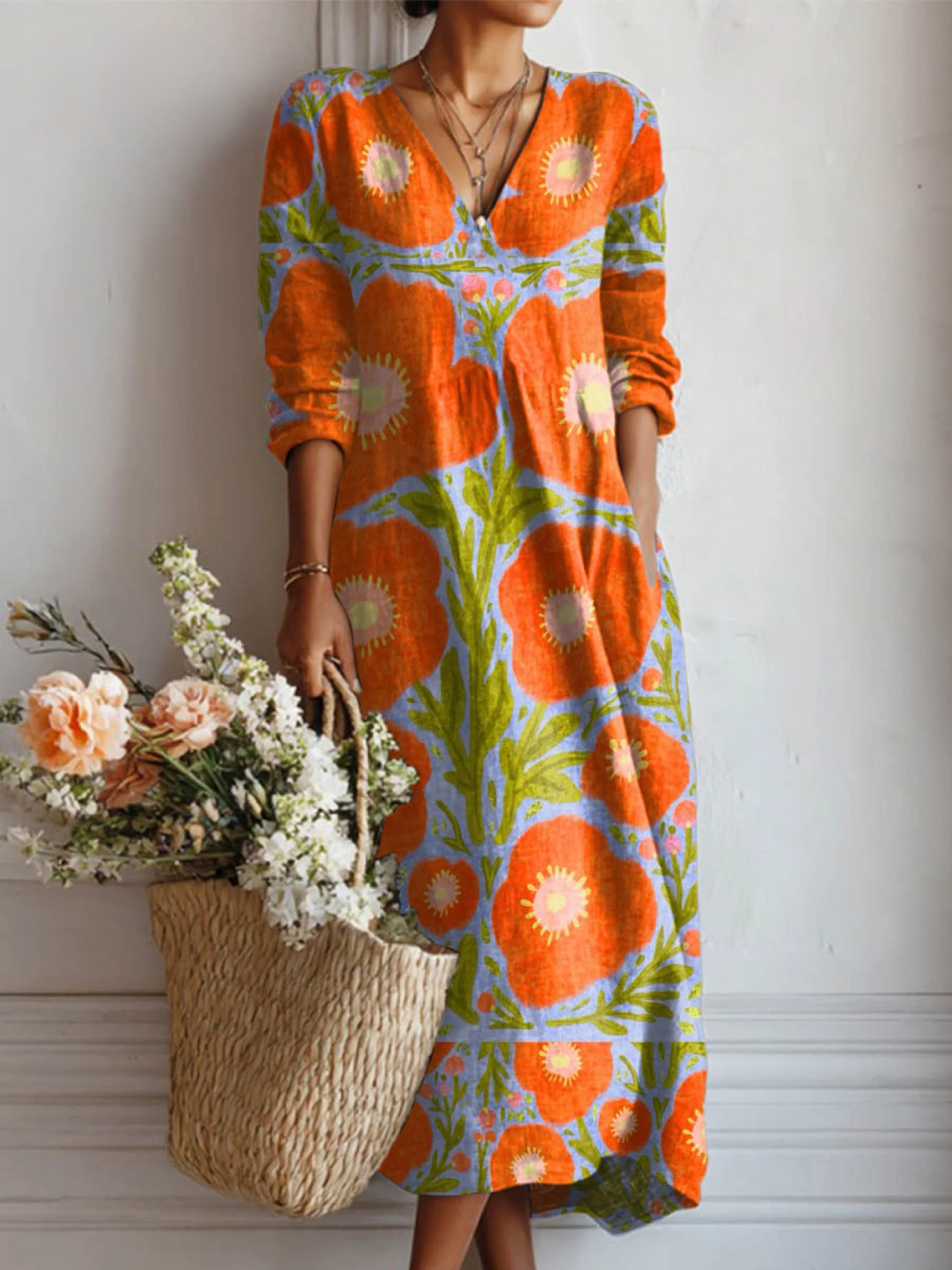 Amoura - Robe midi bohème à col en V