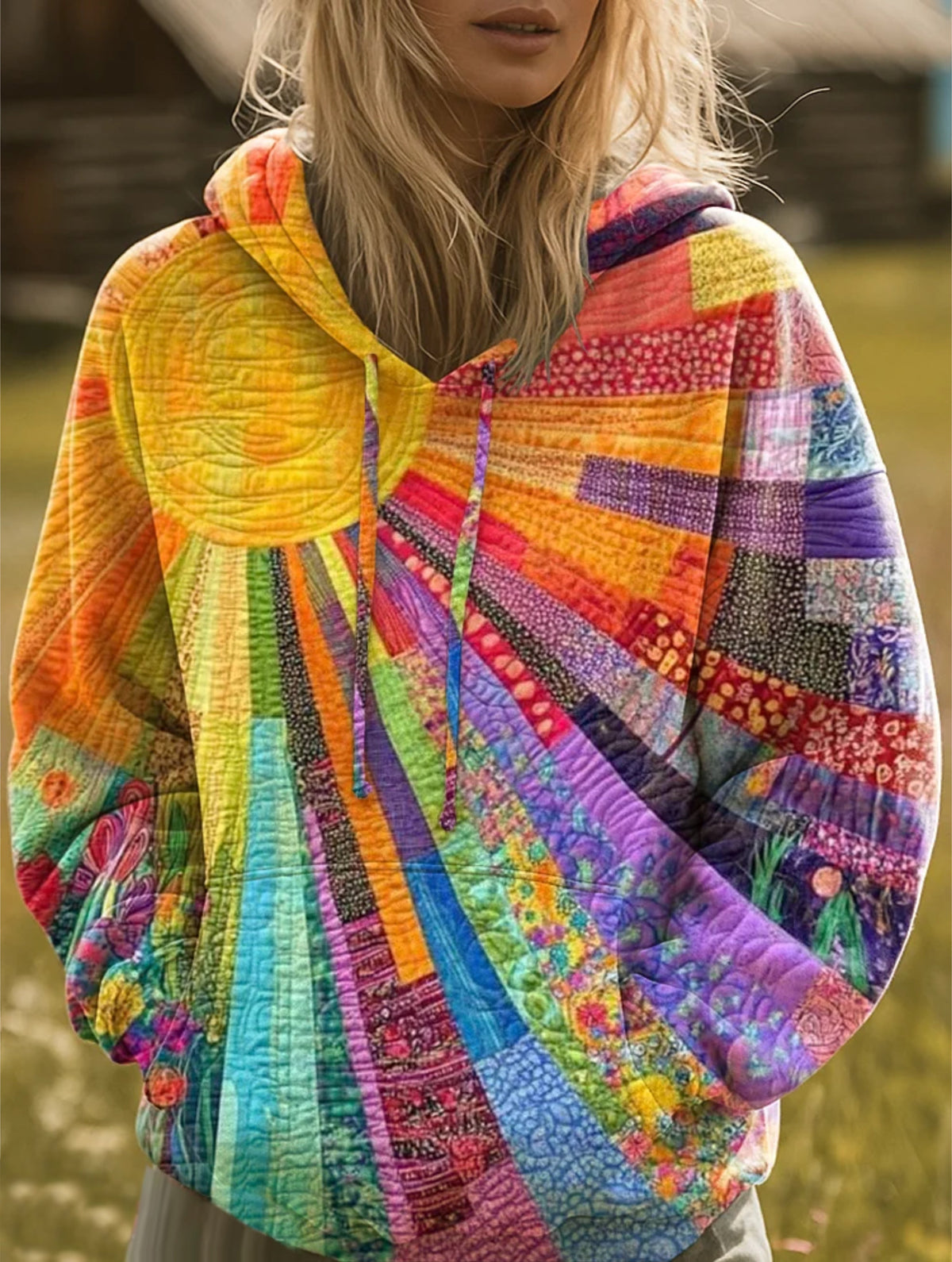 Arlette - Sweat à capuche patchwork vibrant Sunburst