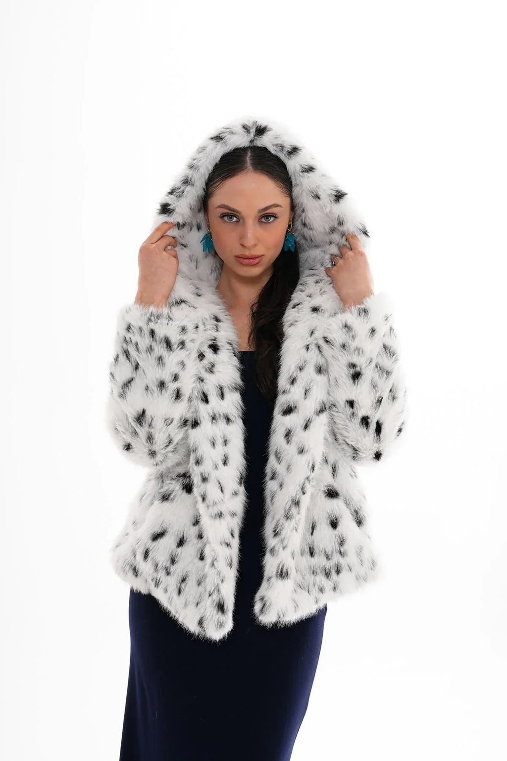 Mia - Manteau à capuche en fausse fourrure léopard - Blanc
