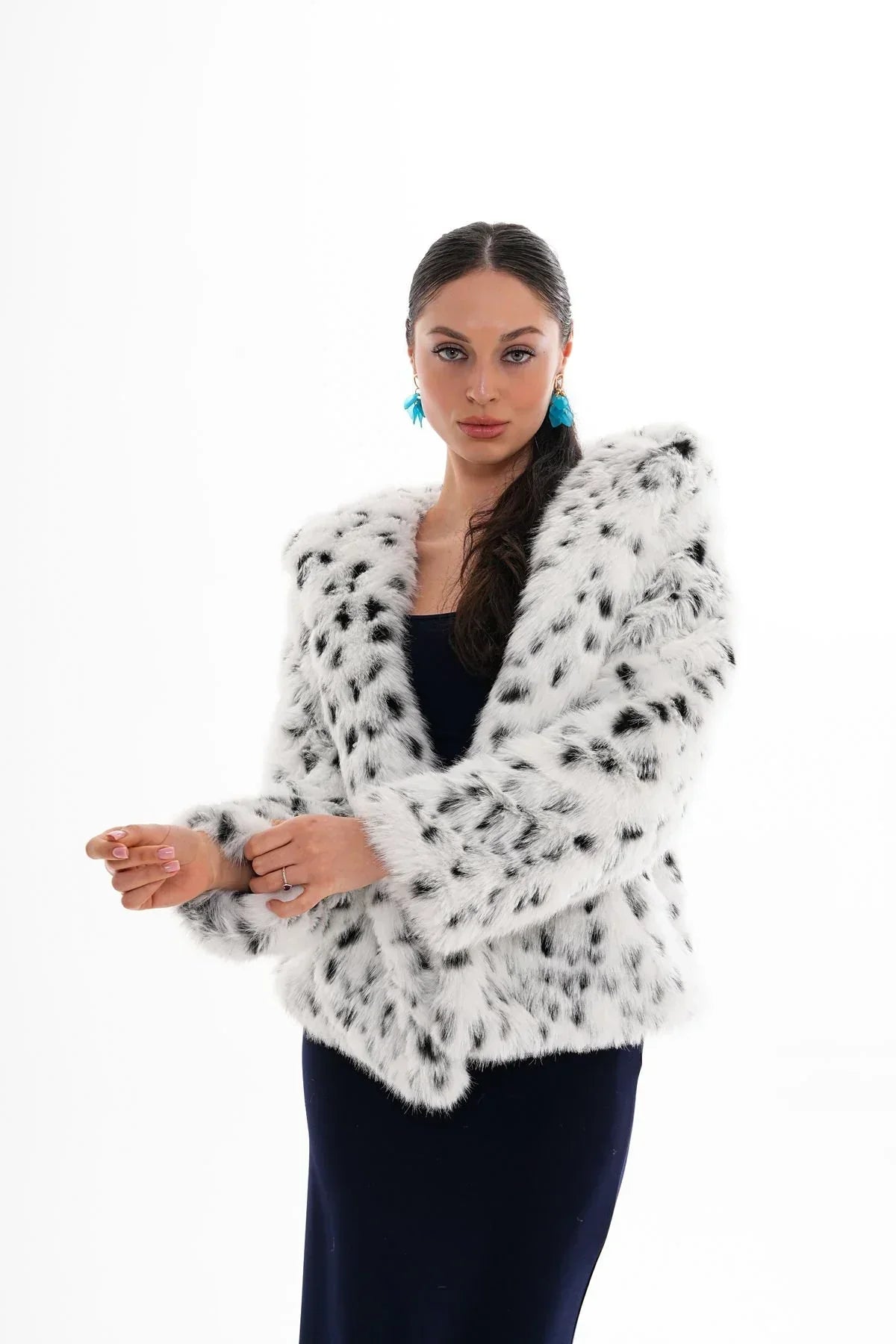 Mia - Manteau à capuche en fausse fourrure léopard - Blanc