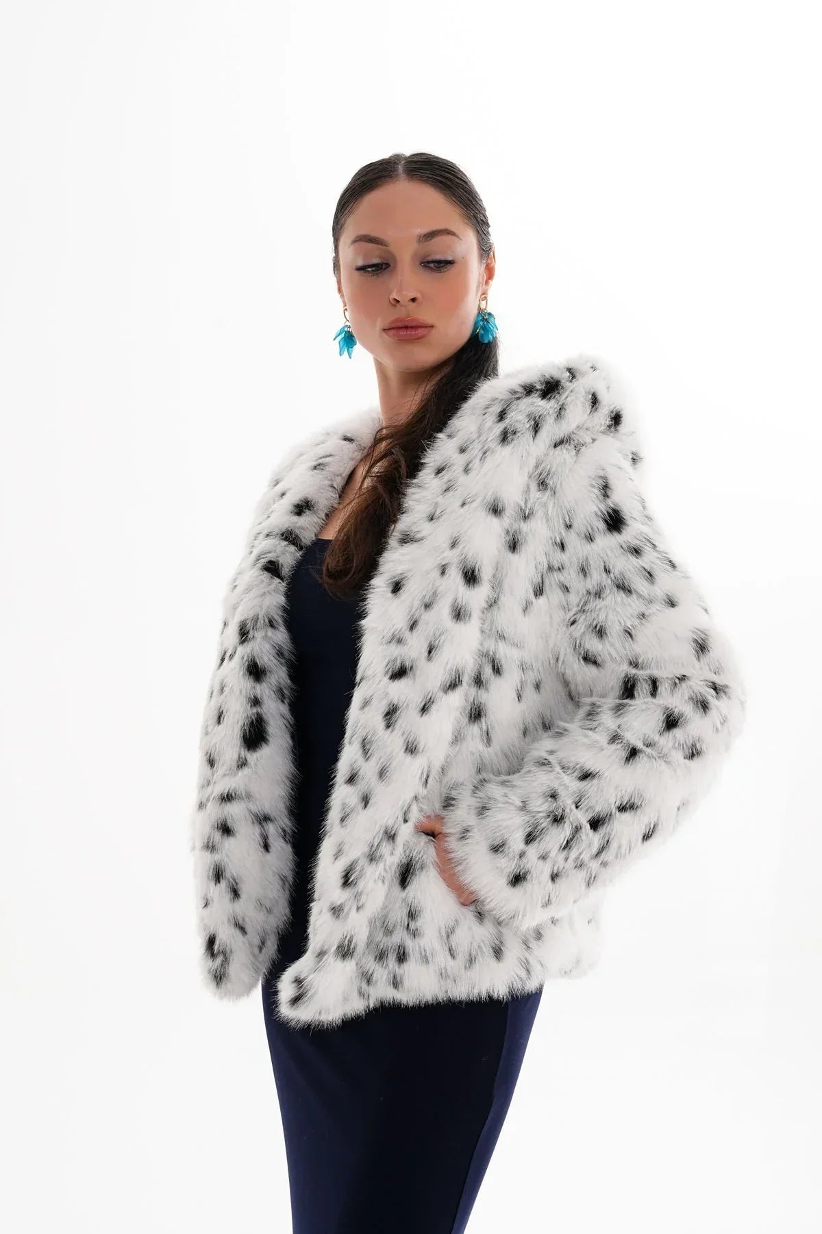 Mia - Manteau à capuche en fausse fourrure léopard - Blanc