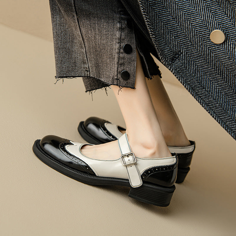 Audrey - Chaussures Mary Jane en cuir bicolore richelieu à talon bas