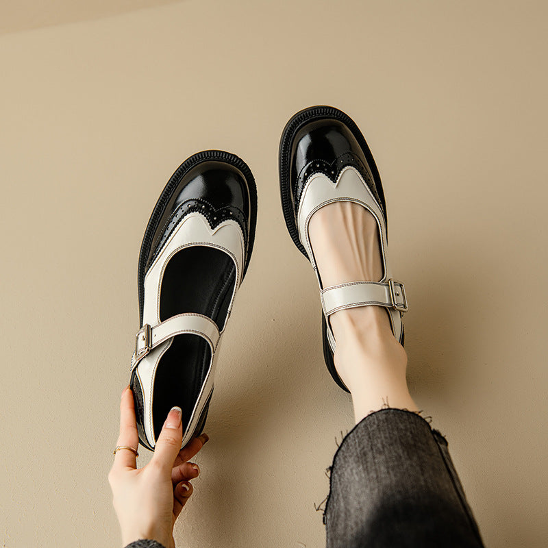 Audrey - Chaussures Mary Jane en cuir bicolore richelieu à talon bas