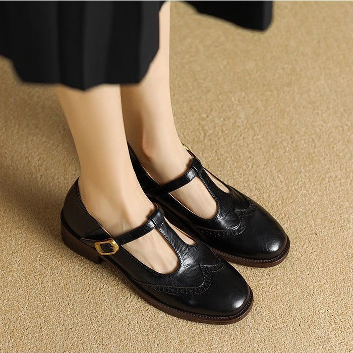 Nadine - Chaussures Mary Jane en cuir à bride en T et talon bloc bas