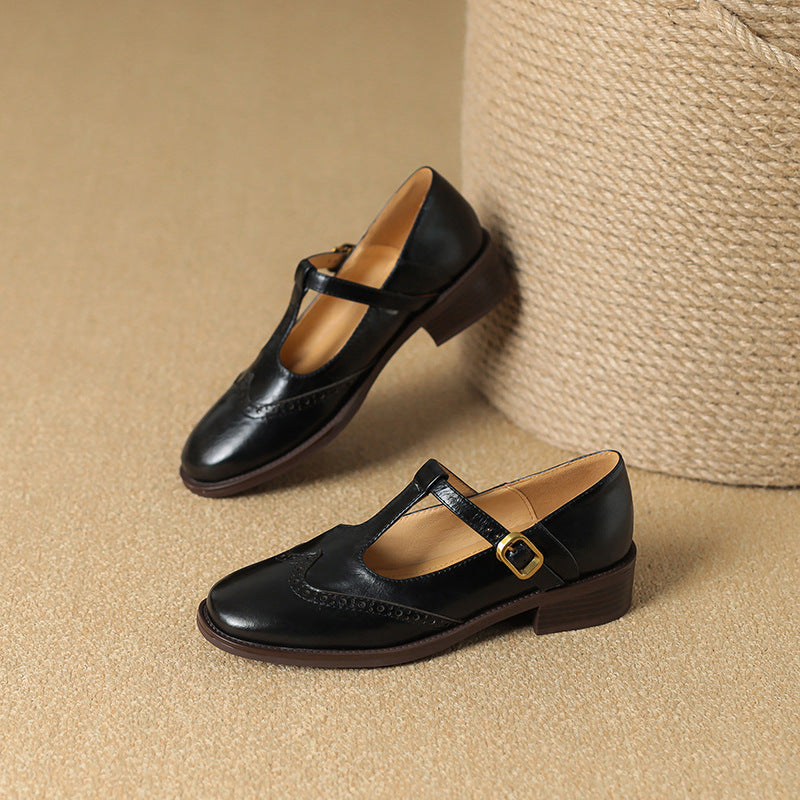 Nadine - Chaussures Mary Jane en cuir à bride en T et talon bloc bas