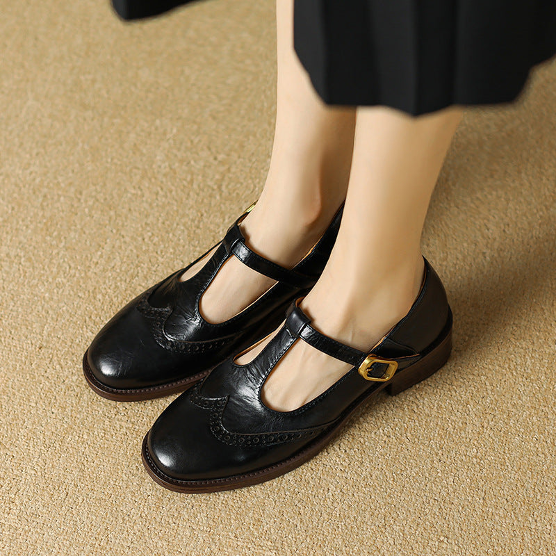 Nadine - Chaussures Mary Jane en cuir à bride en T et talon bloc bas