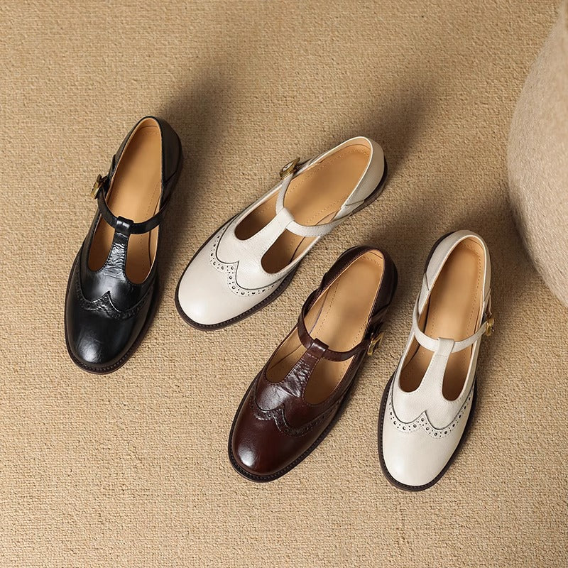 Nadine - Chaussures Mary Jane en cuir à bride en T et talon bloc bas