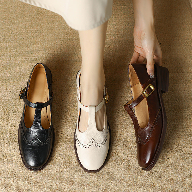 Nadine - Chaussures Mary Jane en cuir à bride en T et talon bloc bas