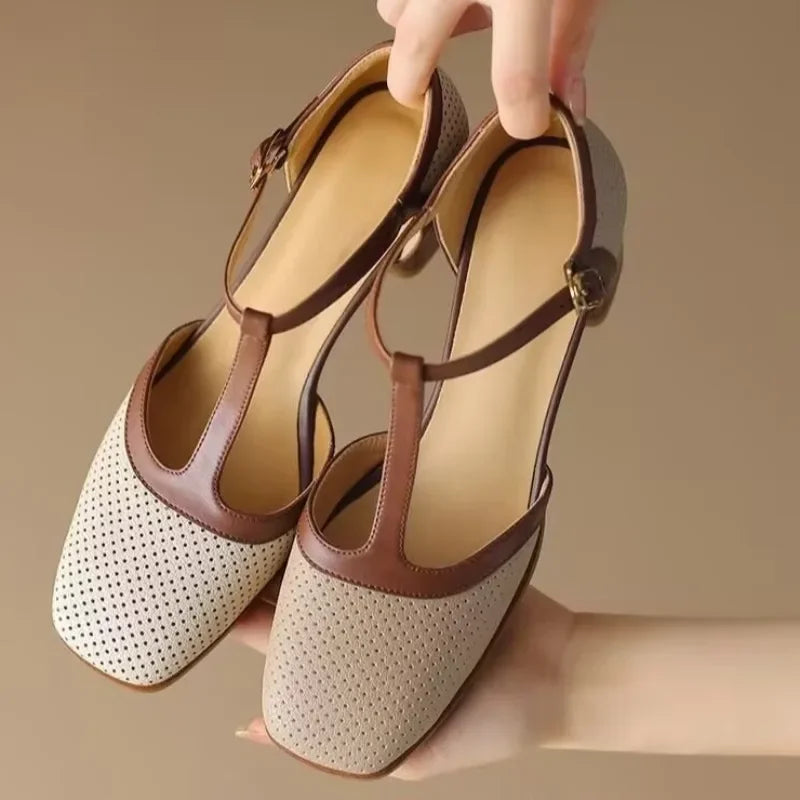 Piper - Chaussures à talons blocs et bride en T, escarpins à bout carré et talon moyen