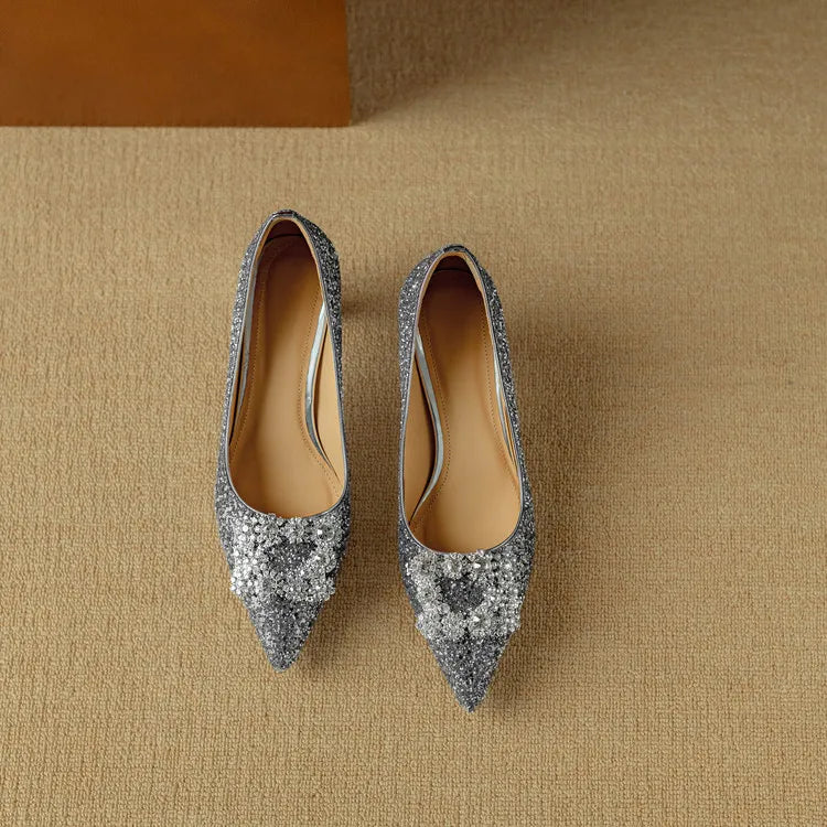 Stella - Escarpins à talons blocs pailletés, bout pointu, boucle en cristal