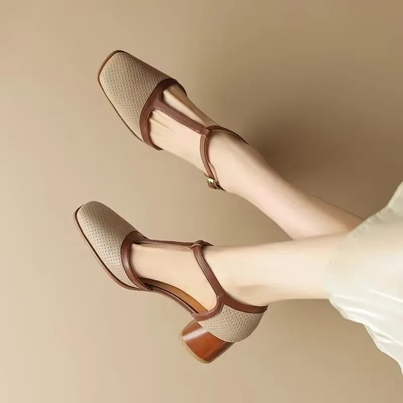 Piper - Chaussures à talons blocs et bride en T, escarpins à bout carré et talon moyen