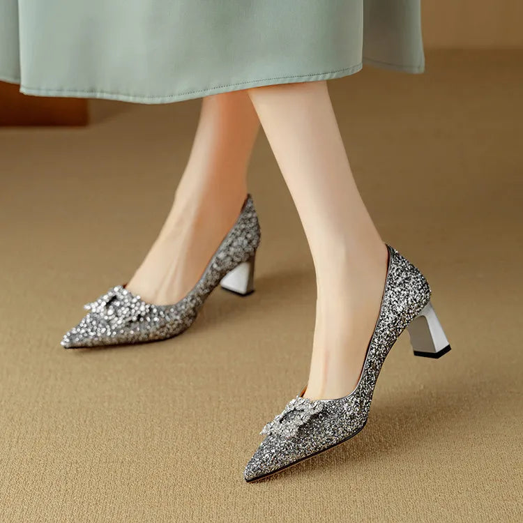 Stella - Escarpins à talons blocs pailletés, bout pointu, boucle en cristal