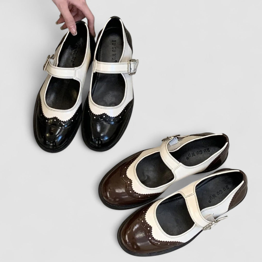 Audrey - Chaussures Mary Jane en cuir bicolore richelieu à talon bas
