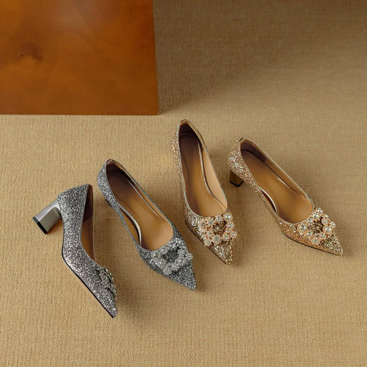 Stella - Escarpins à talons blocs pailletés, bout pointu, boucle en cristal