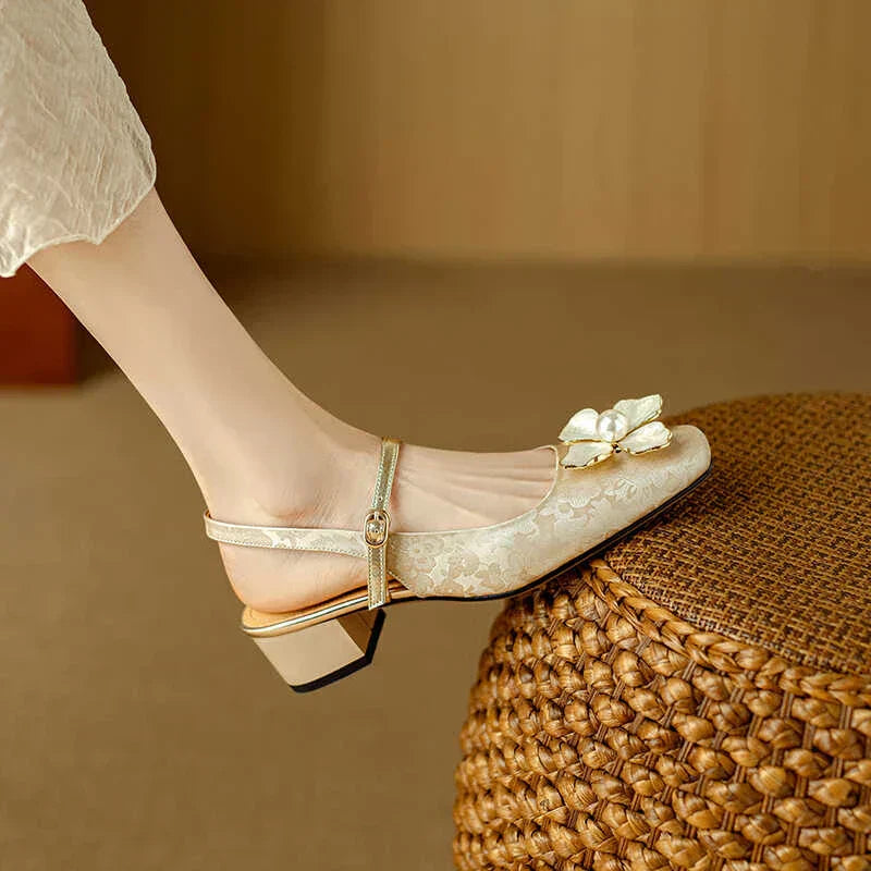 Florine - Escarpins floraux à bride arrière et bout carré, chaussures à talons blocs