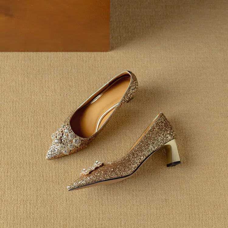 Stella - Escarpins à talons blocs pailletés, bout pointu, boucle en cristal