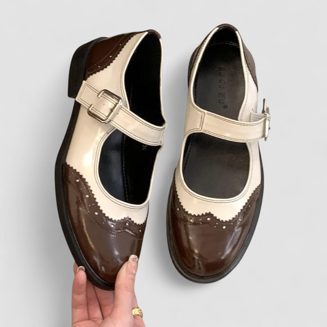 Audrey - Chaussures Mary Jane en cuir bicolore richelieu à talon bas