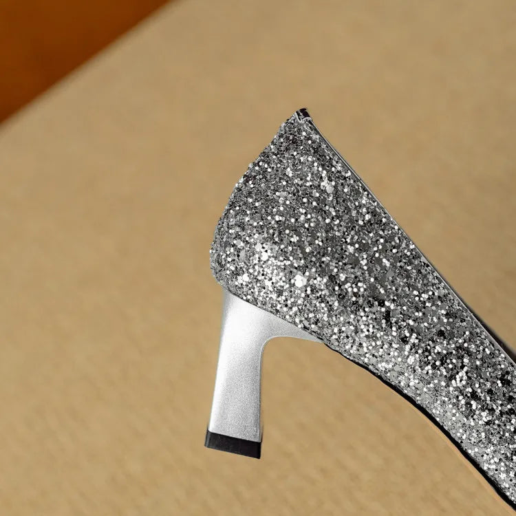 Stella - Escarpins à talons blocs pailletés, bout pointu, boucle en cristal