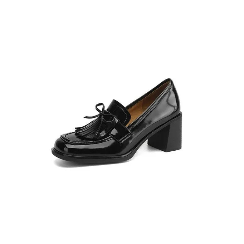 Vivienne - Escarpins mocassins à pampilles, talon bloc, talons à bout rond