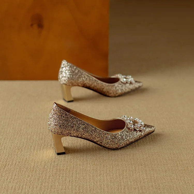 Stella - Escarpins à talons blocs pailletés, bout pointu, boucle en cristal