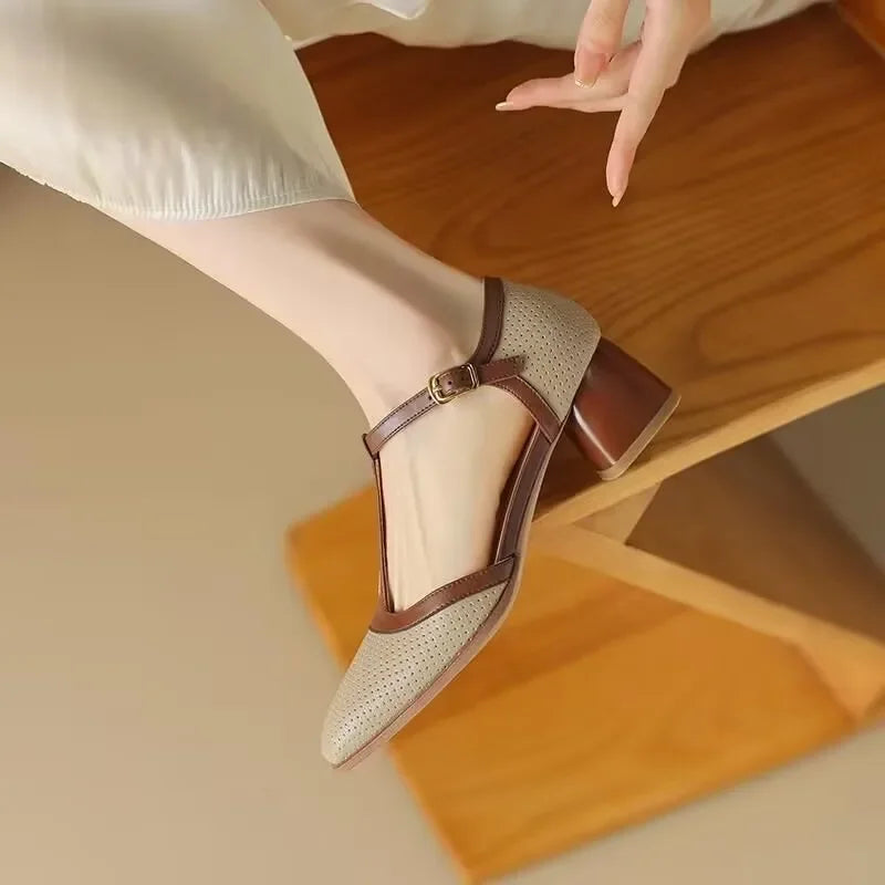 Piper - Chaussures à talons blocs et bride en T, escarpins à bout carré et talon moyen