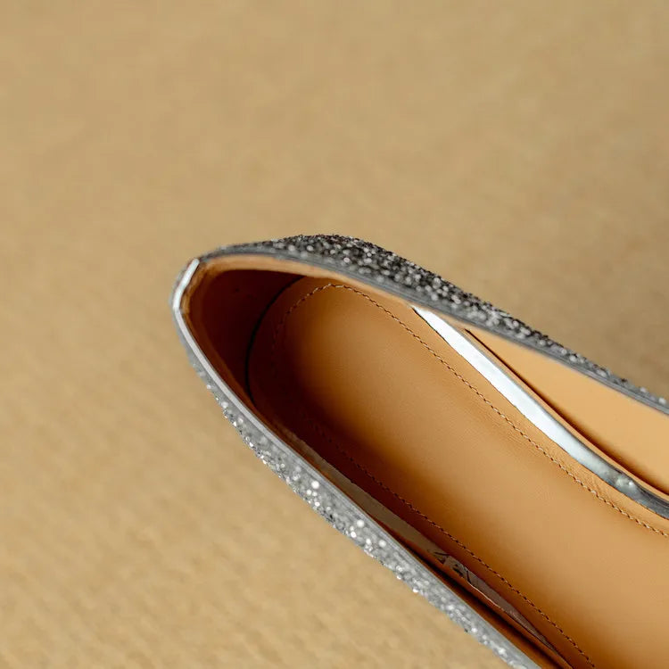 Stella - Escarpins à talons blocs pailletés, bout pointu, boucle en cristal