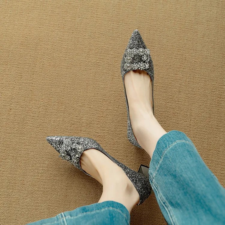 Stella - Escarpins à talons blocs pailletés, bout pointu, boucle en cristal
