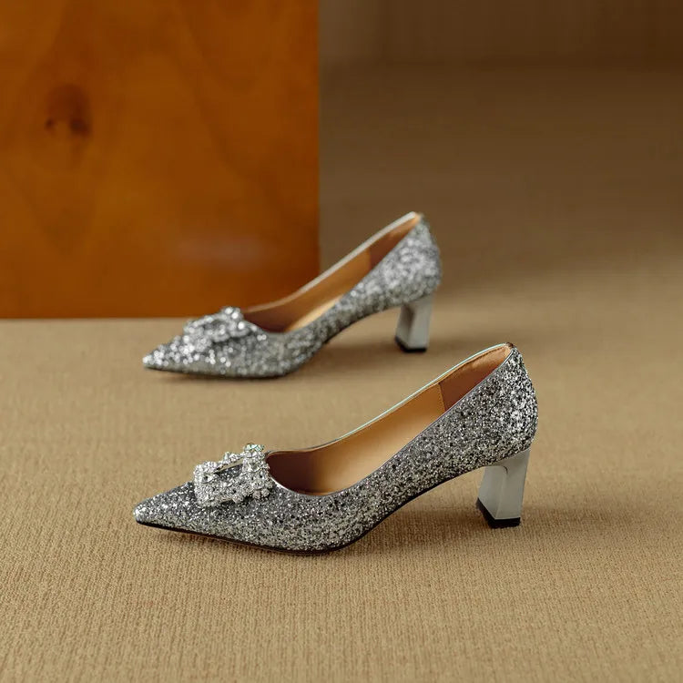 Stella - Escarpins à talons blocs pailletés, bout pointu, boucle en cristal
