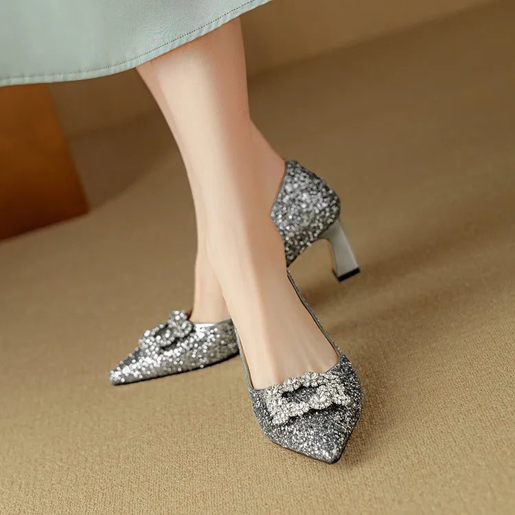 Stella - Escarpins à talons blocs pailletés, bout pointu, boucle en cristal