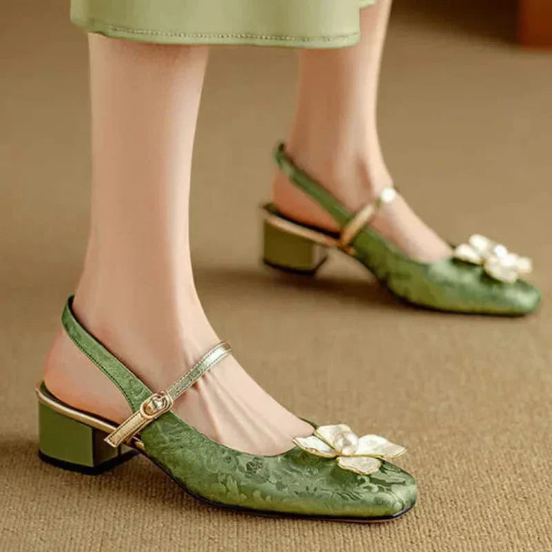 Isabeau - Escarpins Mary Jane à fleurs, talon bloc, bride jacquard