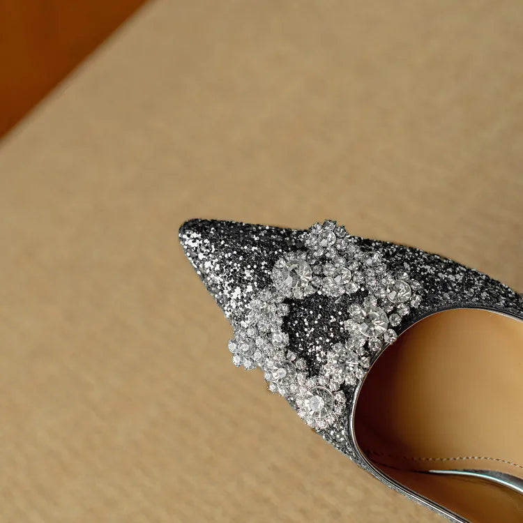 Stella - Escarpins à talons blocs pailletés, bout pointu, boucle en cristal
