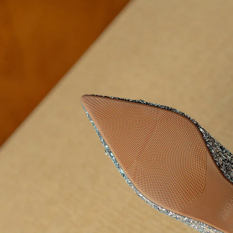 Stella - Escarpins à talons blocs pailletés, bout pointu, boucle en cristal