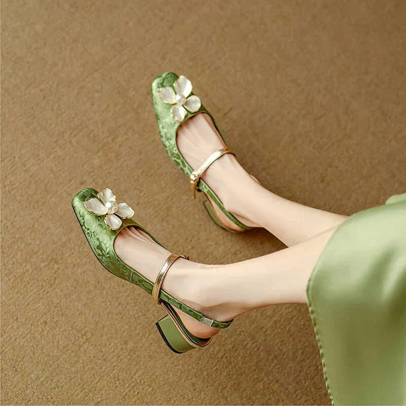 Florine - Escarpins floraux à bride arrière et bout carré, chaussures à talons blocs