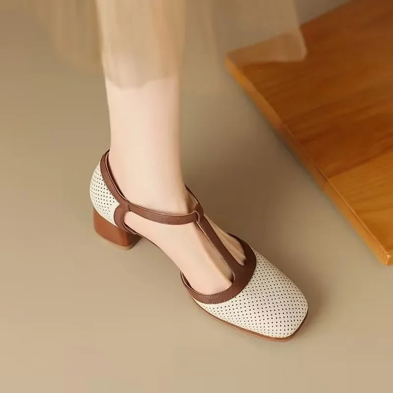 Piper - Chaussures à talons blocs et bride en T, escarpins à bout carré et talon moyen