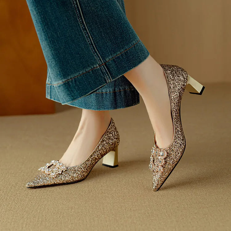 Stella - Escarpins à talons blocs pailletés, bout pointu, boucle en cristal