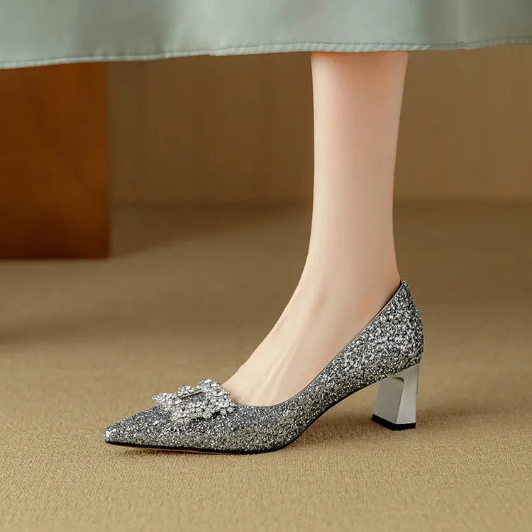 Stella - Escarpins à talons blocs pailletés, bout pointu, boucle en cristal