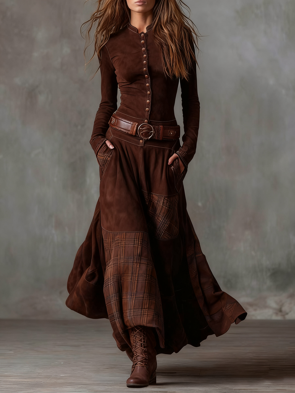Charlotte - Robe longue à carreaux en daim