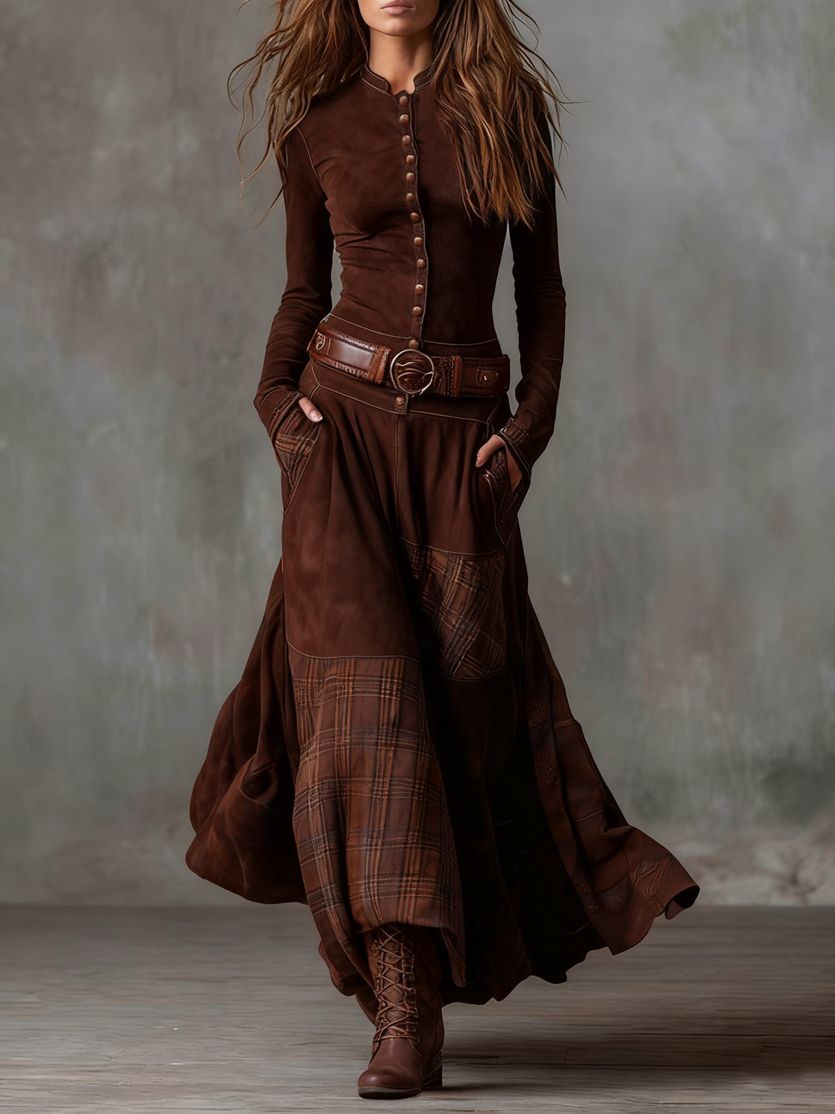 Charlotte - Robe longue à carreaux en daim