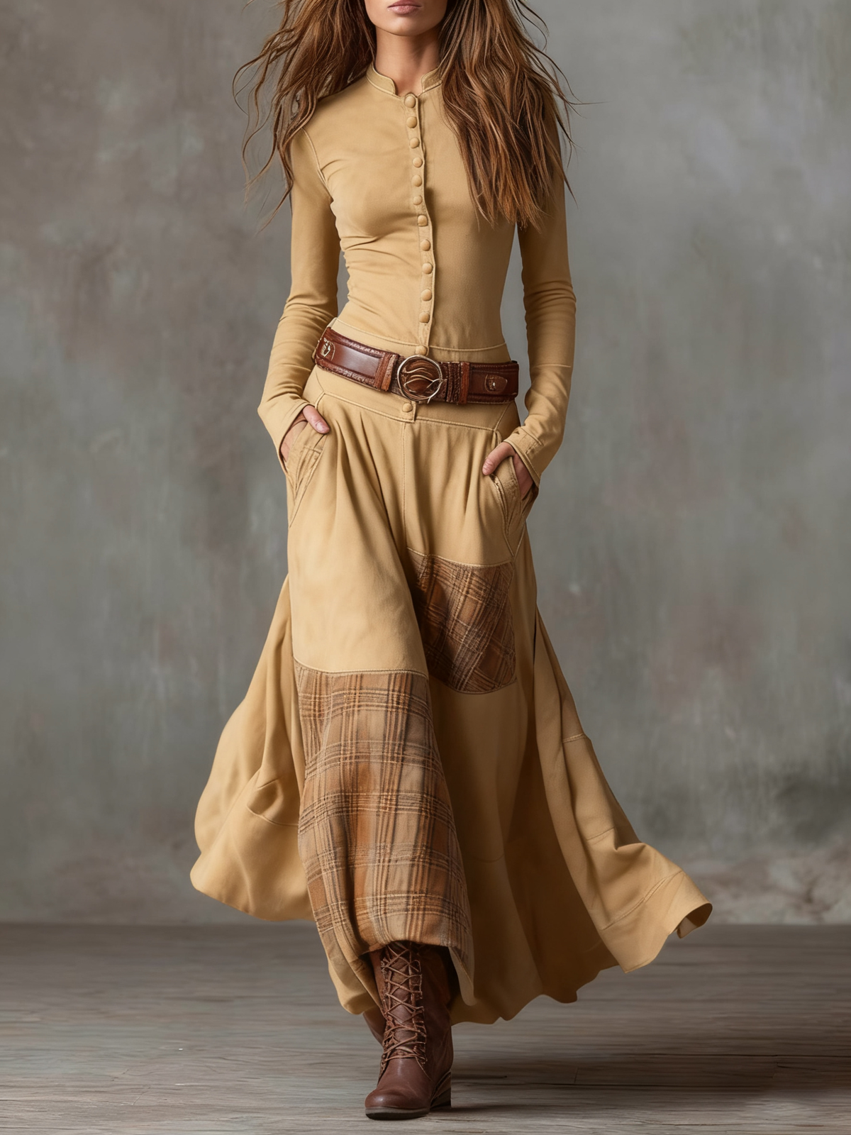 Charlotte - Robe longue à carreaux en daim