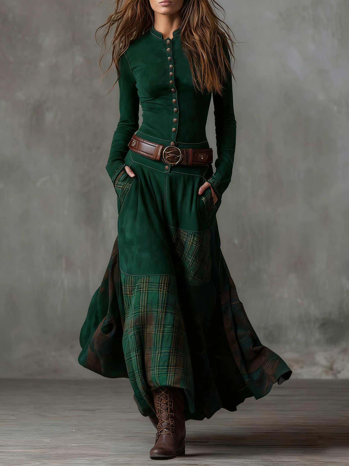 Charlotte - Robe longue à carreaux en daim