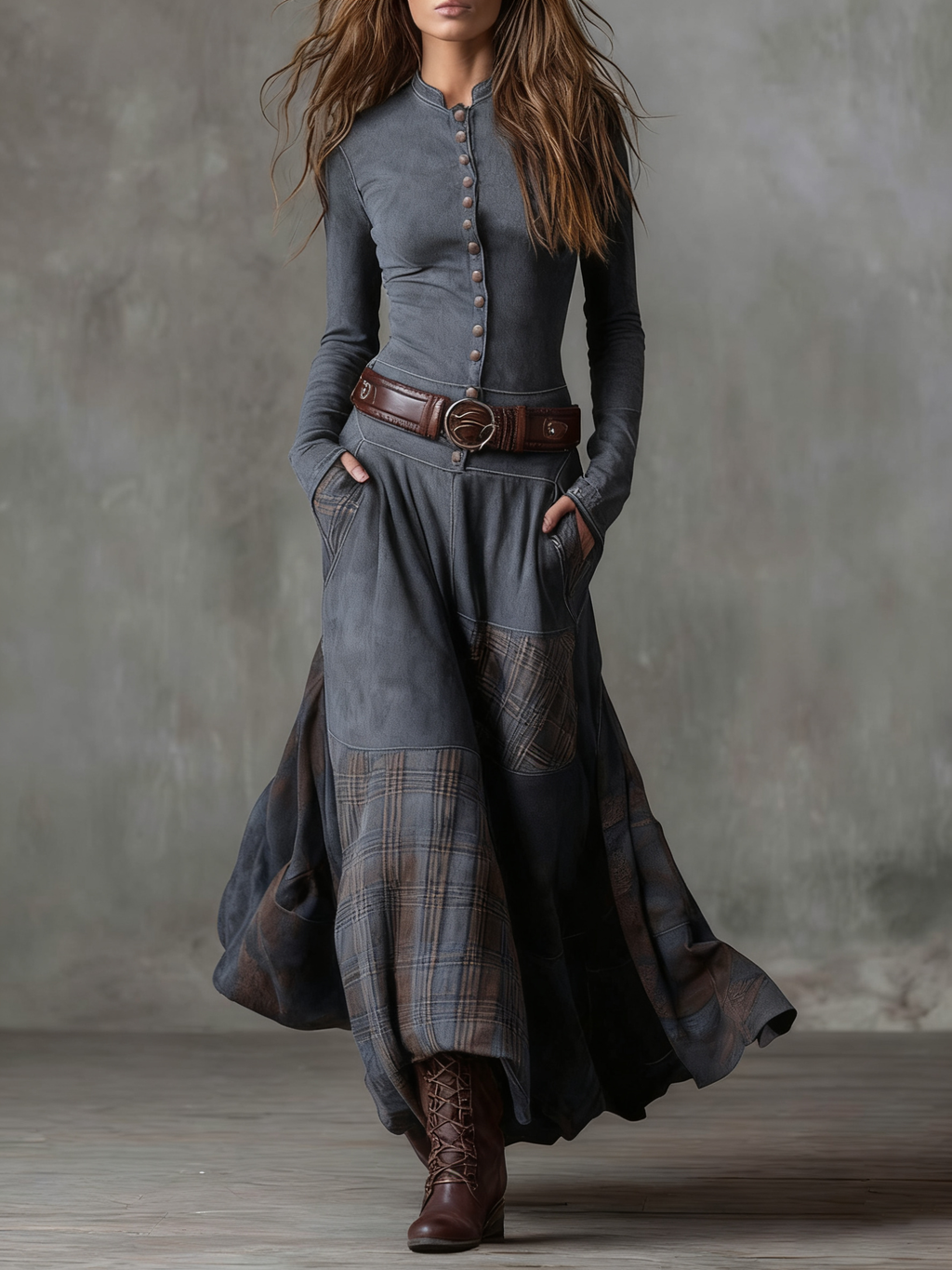 Charlotte - Robe longue à carreaux en daim