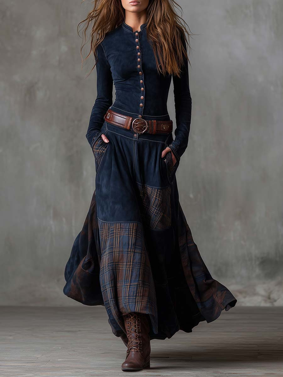 Charlotte - Robe longue à carreaux en daim