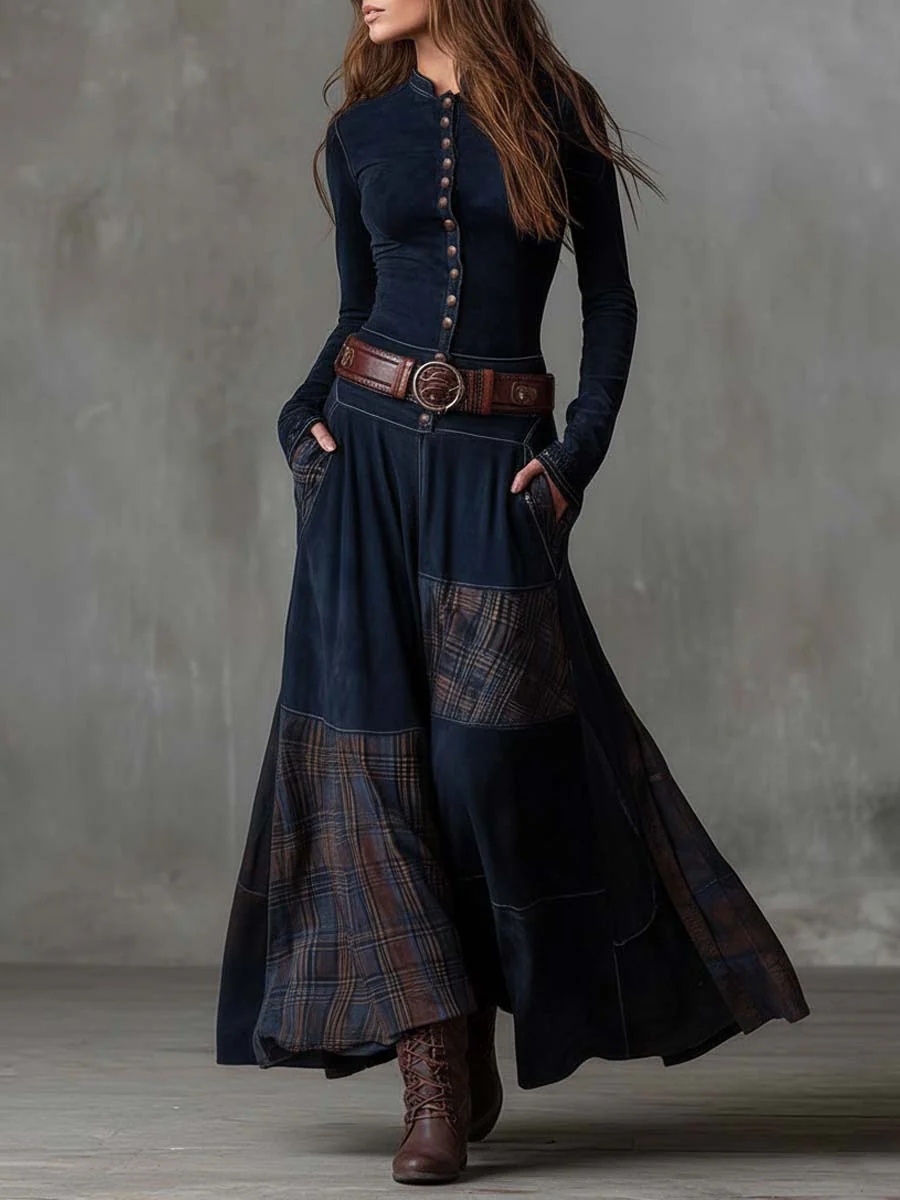 Charlotte - Robe longue à carreaux en daim