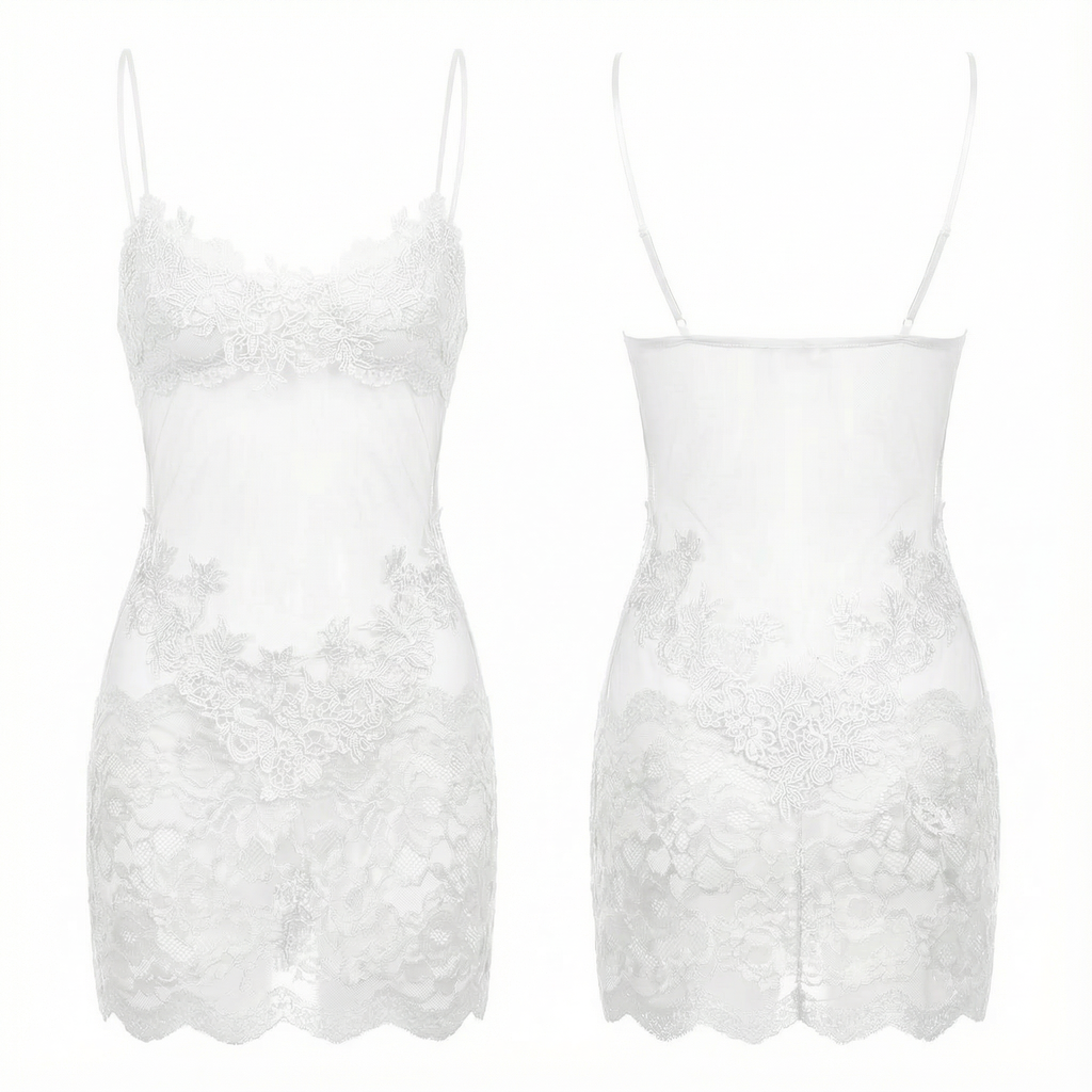 Velaire - Robe nuisette en dentelle brodée transparente