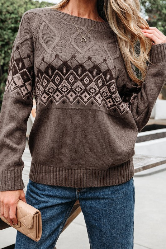 Alana - Pull tricoté à col rond géométrique Western